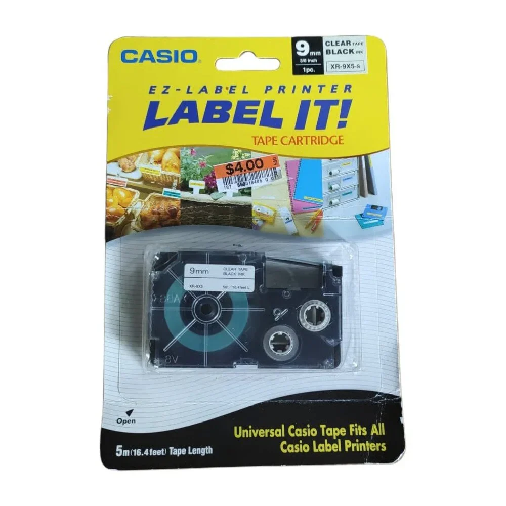 Casio EZ-Label Printer Label It Label Tape Cartridge Clear Tape Black Ink 9mmx5m